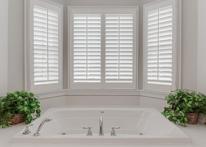 Luxury Modern Soaking Tub in Primary Bathroom with White Plantation Shutters and Plant Styling