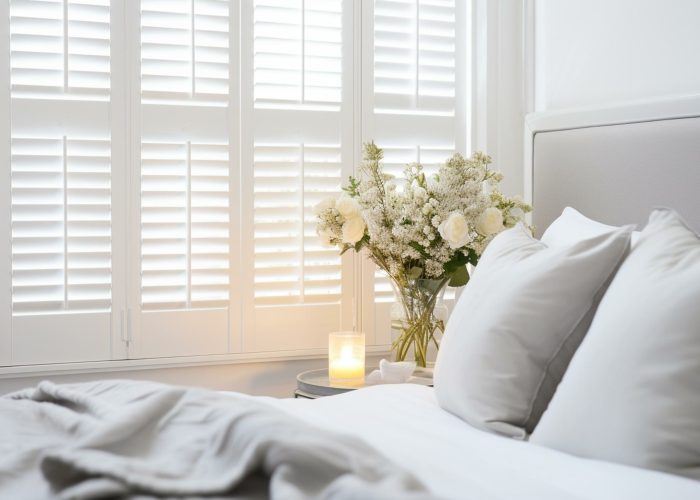 High-end white indoor shutters for bedroom with focus on detail. Generative AI