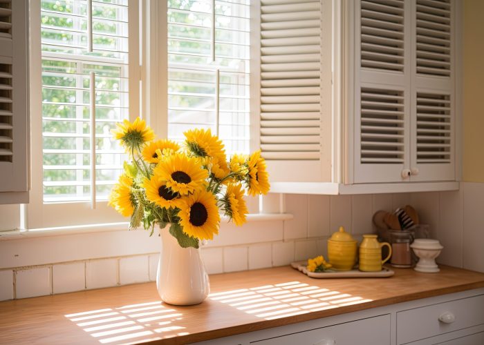 Sunny Kitchen Oasis: Plantation Shutter Windows, White Tiles, and Wooden Countertops with Fresh Flowers